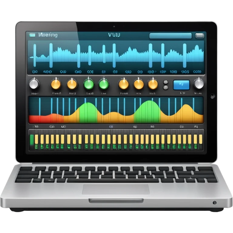 Close-up shot of a laptop screen clearly visible, showing a professional audio mixing interface focused on voice editing: audio level meters (VU meters) moving, voice waveform, volume faders, EQ panel, compressor, limiter, noise reduction, de-esser, gain controls emoji