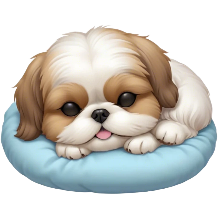 Meme-Worthy Cute Sleeping Shih Tzu Portrait Emoji, Head resting peacefully with a tender, contented smile and eyes delicately closed in serene slumber, showcasing a luxuriously fluffy fur in soft pastel tones, simplified yet irresistibly adorable, highly detailed, glowing with a warm, drowsy radiance, high shine, exuding calm, cozy charm, styled with a gentle, soft glowing outline, capturing the essence of a sleeping Shih Tzu that radiates utterly adorable, sleepy bliss! emoji