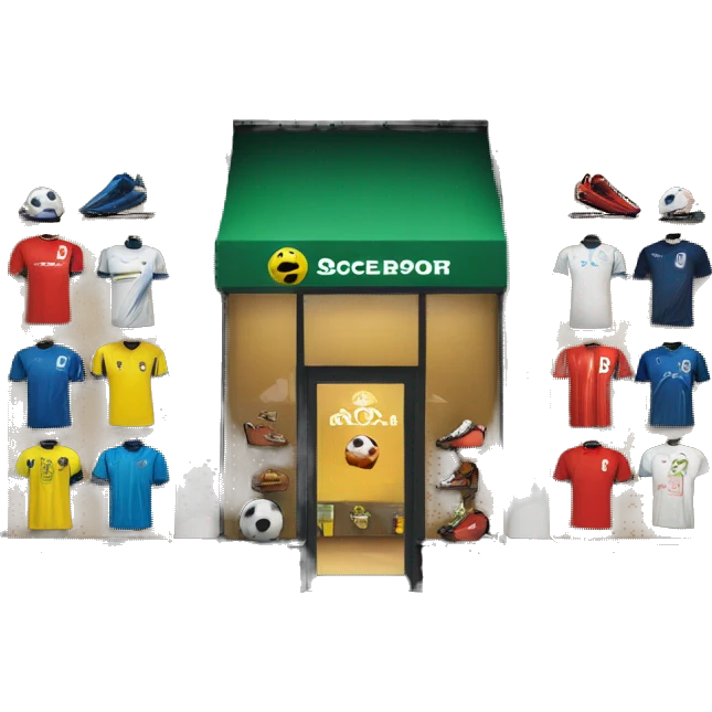 “Soccer store exterior with bold signage, large windows showcasing football gear, jerseys, and accessories, and a dynamic, athletic design reflecting the energy of the sport.” emoji