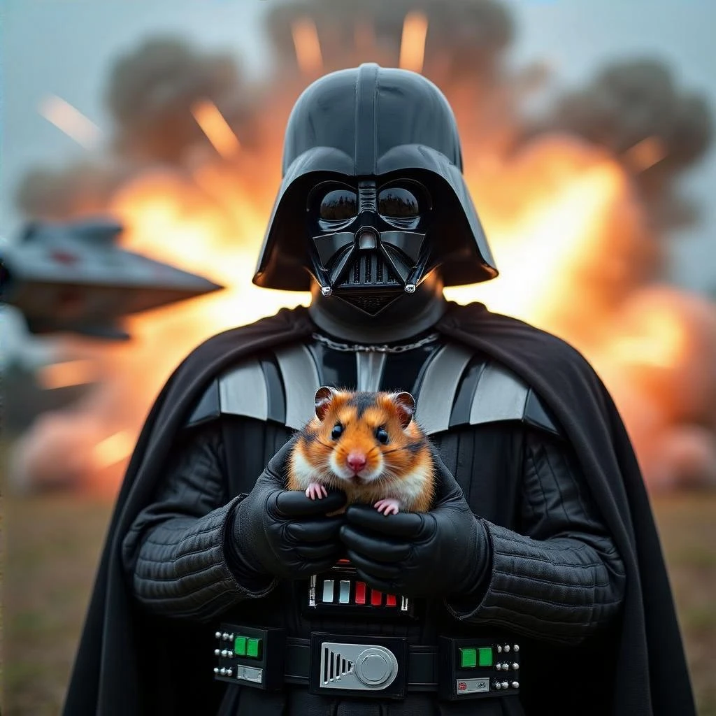 Cinematic still, Extreme Closeup Photo of a darth vader holding big hamster, low key light, explosion startship background with leading lines, back light, spot light emoji