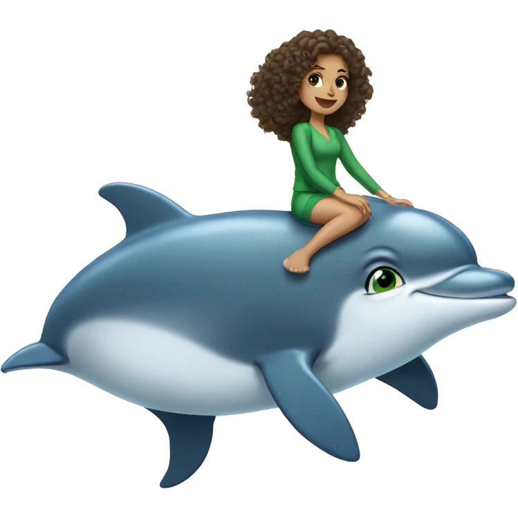 Short brunette girl who’s college aged, curly hair, green eyes, riding a dolphin  emoji