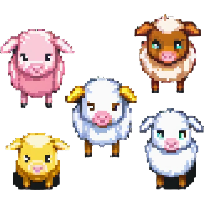 Minecraft style sheep, blocky pig friend, and blocky chicken friend together emoji