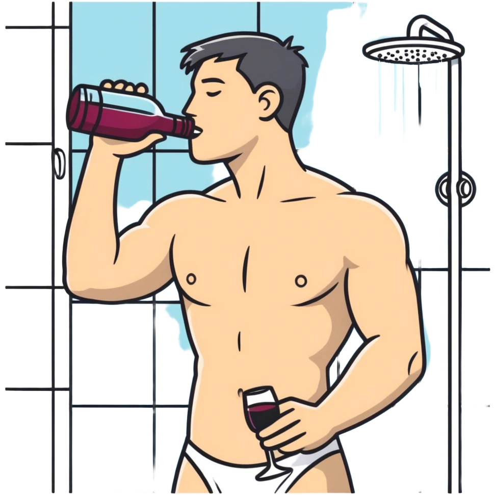 Scott drinking wine in the shower without a shirt emoji
