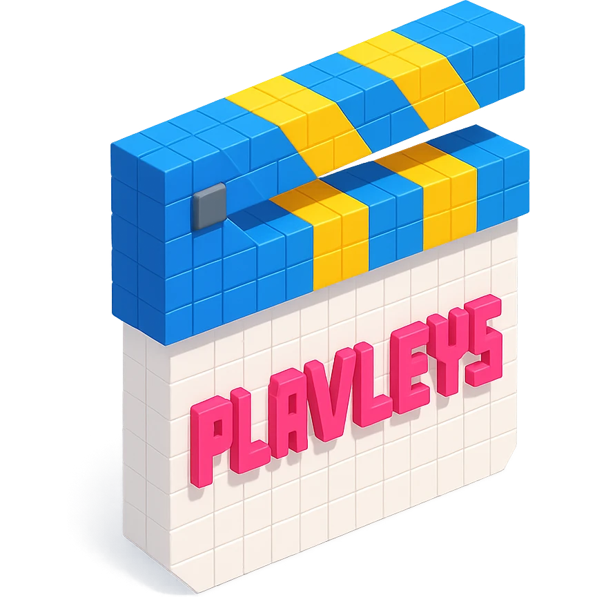 voxel style movie clapperboard, white body, blue and yellow lid, pink text 'PLAVLEYS', isometric view emoji