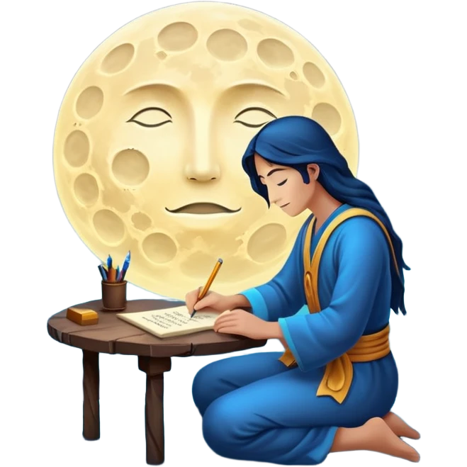 human mystic writing formulas on glowing moon surface emoji