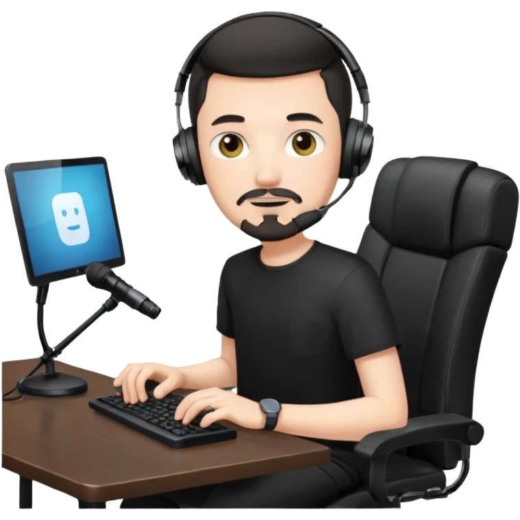 a setup of a youtuber, white skin, thin goatee, black short hair, with a desktop pc on a table, a gaming chair, microphone, white ring light emoji