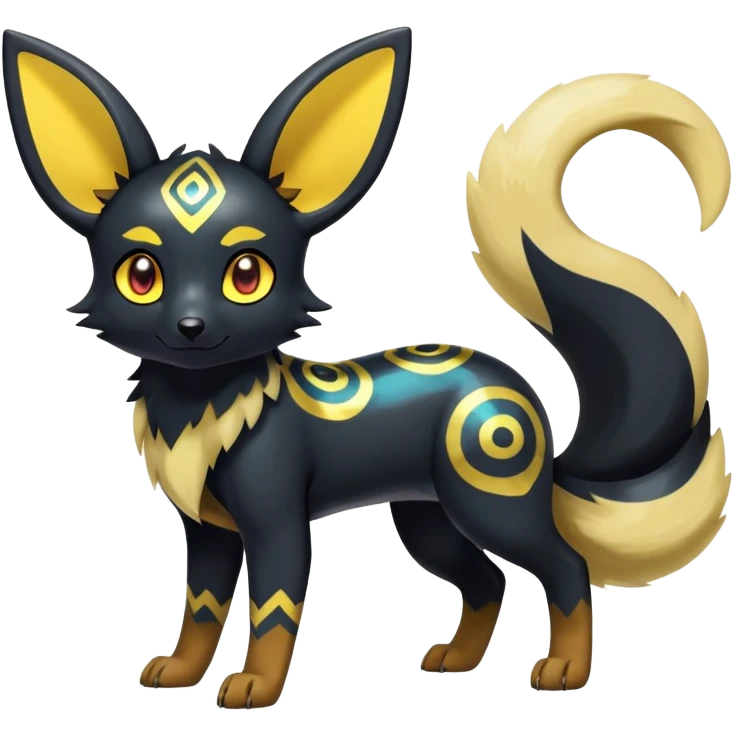 Shiny Exotic Colorful Excessive Mysterious Umbreon-Poochyena-Pokémon-Fakémon-hybrid-creature (full body) with pattern-markings with golden eyes emoji