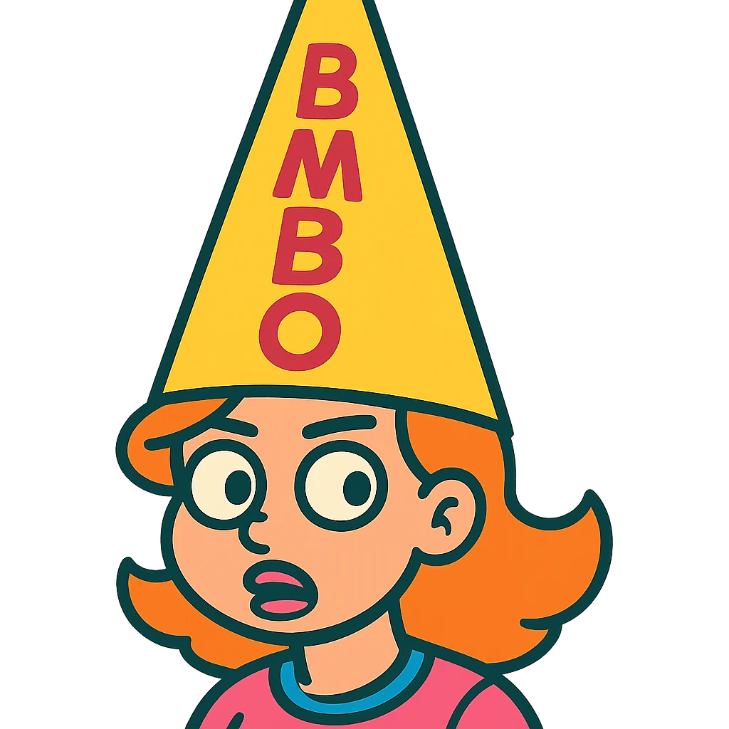 dunce cap with the word 'Bimbo' written on it, vibrant and colorful cartoonish style emoji