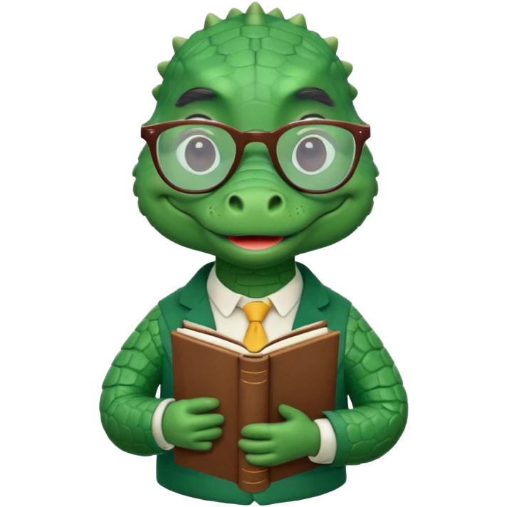 A claymation-style academic alligator. The background is a solid white circle emoji