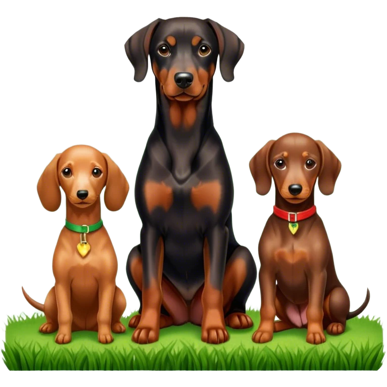 Close-up of a Doberman Pinscher, a Dachshund and a Poodle sitting together on lush green grass. The background features a beautiful, serene nature view with rolling hills and bright blue skies. The dogs' sleek coats shine under the sun. Transparent background. emoji