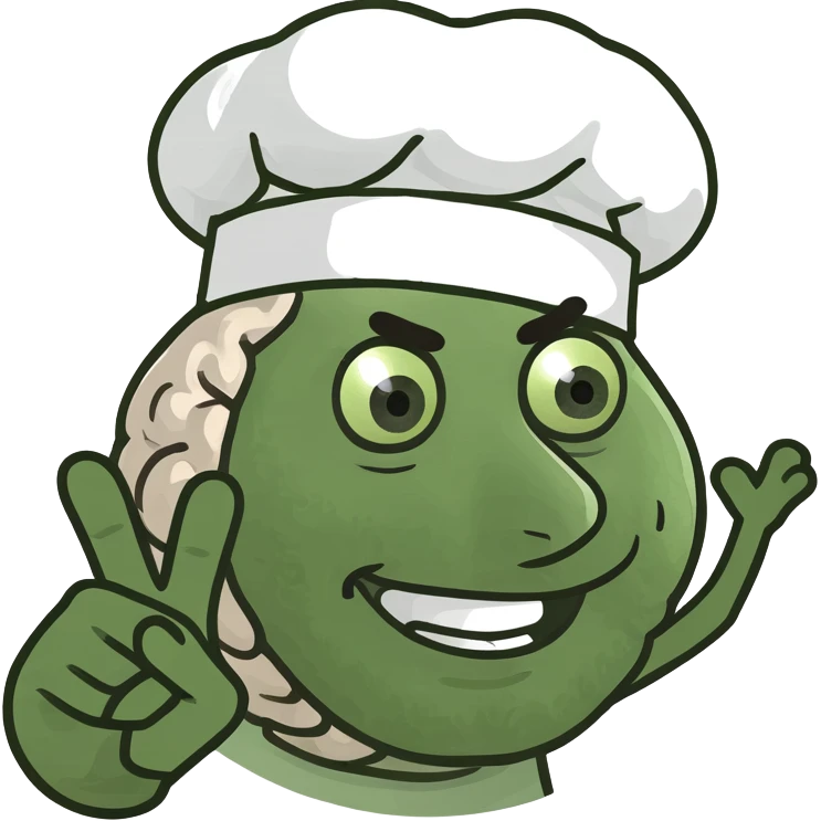 cartoon brain wearing a chef hat, doing the Italian hand sign, over-the-top silly expression, meme style emoji
