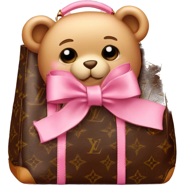 pink bow teddy bear solo looking out of louis vuitton  bag emoji
