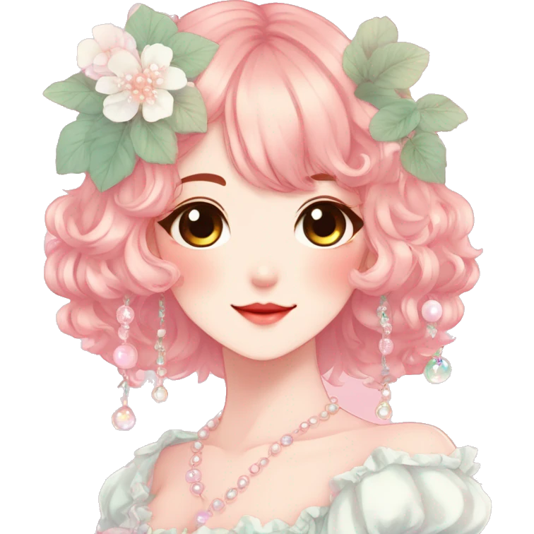 Gorgeous anime style lady with blushing face and accessories cottagecore fairycore Kawaii anime colorful pearly romantic aesthetic trending style emoji
