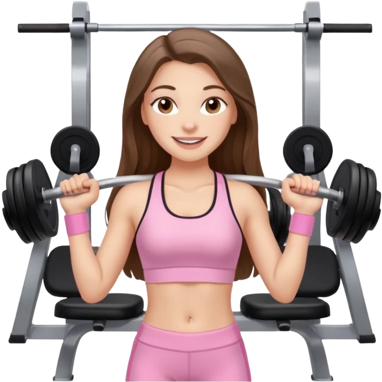 happy white long brunette hair girl with hazel eyes in light pink workout clothes at the gym emoji