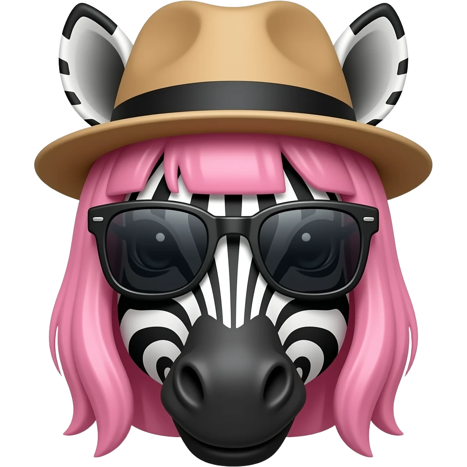 zebra with a hat face front and sunglassess and pink hair emoji