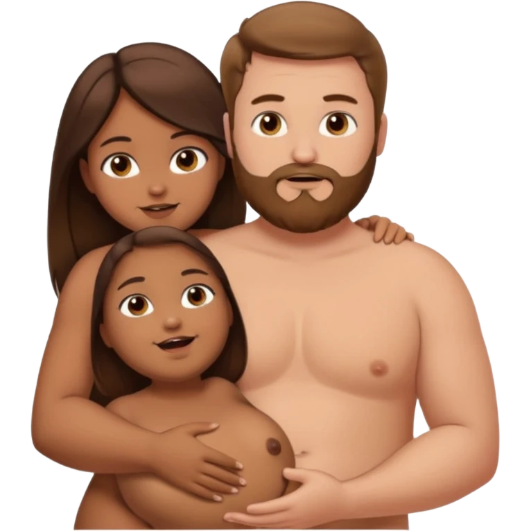 chubby white guy with brown hair and beard, holding a brown girl with long dark hair in arms, naked, showing tits and pussy emoji