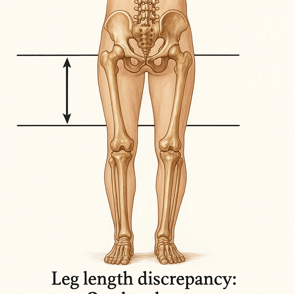 Medical style hyperrealistic posterior view highlighting very clearly the difference in leg length: one leg visibly shorter than the other. Add arrows, reference lines, and an anatomical caption to make the concept immediately understandable. No background. Variation 3. emoji