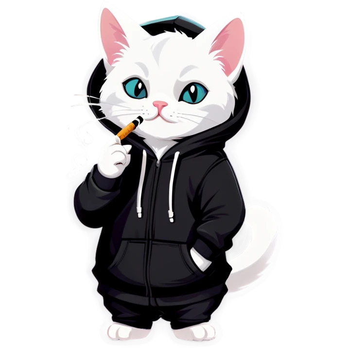 White cat smoking with a black hoodie  emoji
