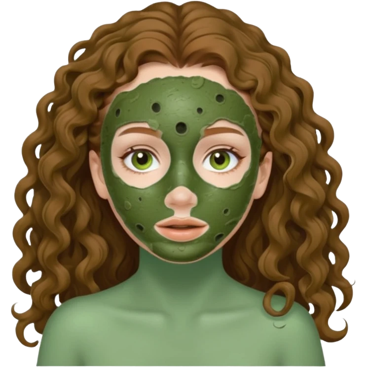 pale white girl with long brown curly hair green spa mud mask emoji