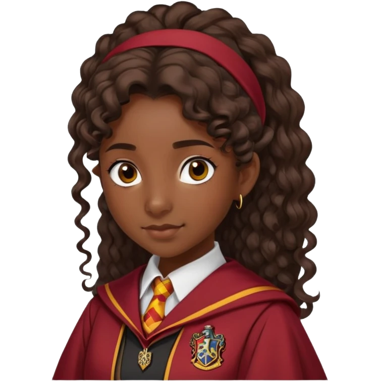 Alicia Spinnet in harry potter, wear hogwarts gryfindor uniform, long, dark, curly or wavy, ponytail hair, dark skin emoji