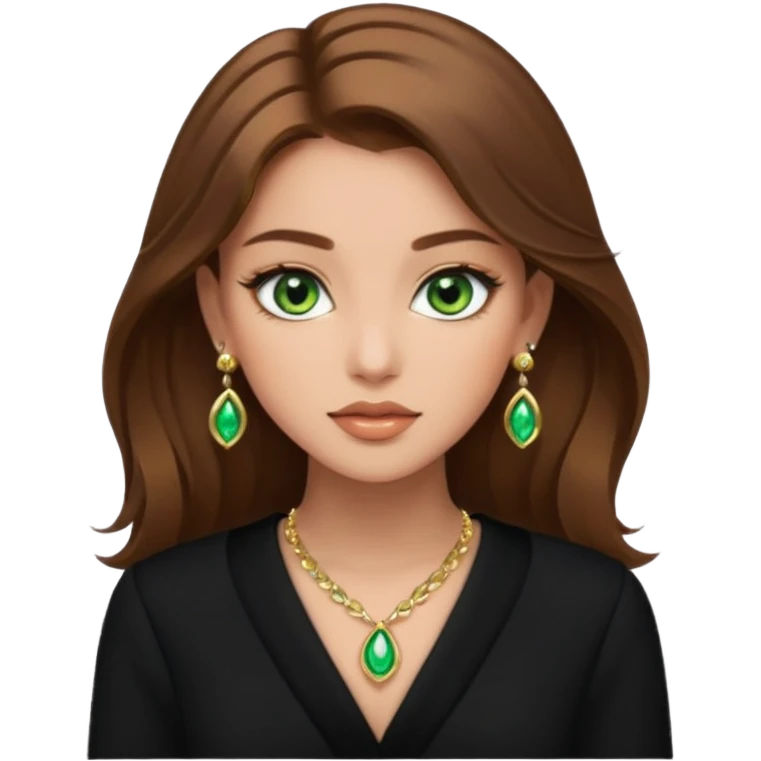 Μια κοπέλα καστανή με μαύρα ωραία ρουχα και σκουλαρίκια και κοσμήματα και βαμμένη ελαφρό και πράσινα μάτια τα κοσμήματα λίγα και χρυσα emoji