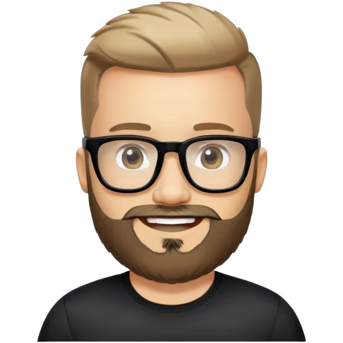 Light-skinned man with full beard, short hair brushed upward, big black glasses frames, happy smile, black sports shirt emoji