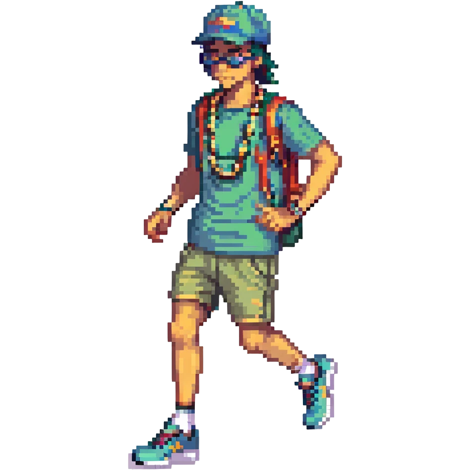 Create a pixel art style image of a funkeiro man wearing a cap, juliete glasses, a gold chain, shorts, and running shoes. The style should be vibrant and fun, inspired by the reference image provided. Background should be transparent. emoji