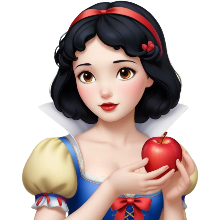 Cinematic Realistic Snow White Portrait, depicted with lifelike skin texture, soft natural lighting, and intricately detailed black hair styled with a red ribbon. Her soft brown eyes radiate innocence and kindness, complemented by a warm, gentle smile. She holds an apple in one hand, her other hand resting against her cheek, embodying her purity and charm. She is dressed in her classic yellow, blue, and red gown, the fabric rich in texture with delicate folds that catch the light beautifully. The portrait features a soft, natural glow with a radiant finish, capturing the essence of timeless beauty in a realistic and painterly style. emoji