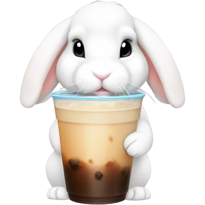 White mini lop rabbit drinking boba tea emoji
