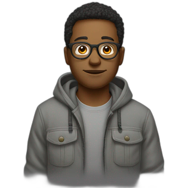 and round glasses and a grey hoodie and cargo pants emoji