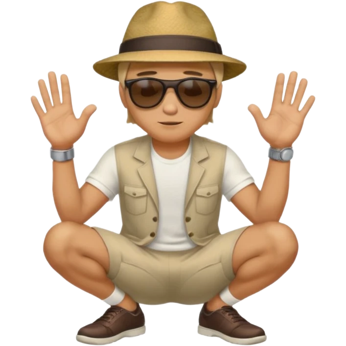 A man squatting down and holdig his hand flat a bit above the ground emoji