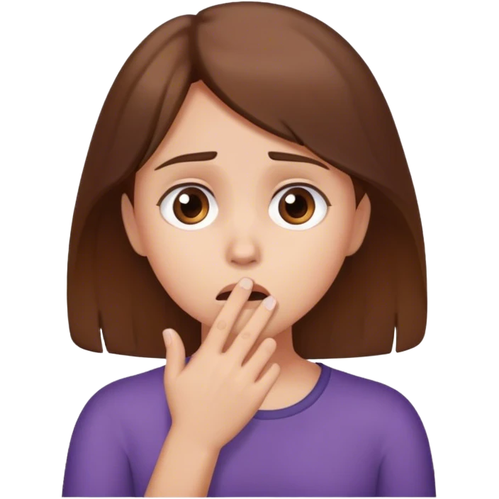 Girl brown hair hearing shooking news looks concerned and scared holds her hand in front of her mouth  emoji