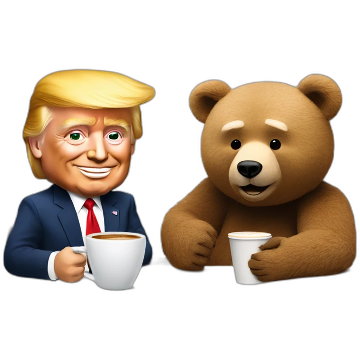 Trump caricature and a Ted Bear as radio talkshow hosts having coffee emoji