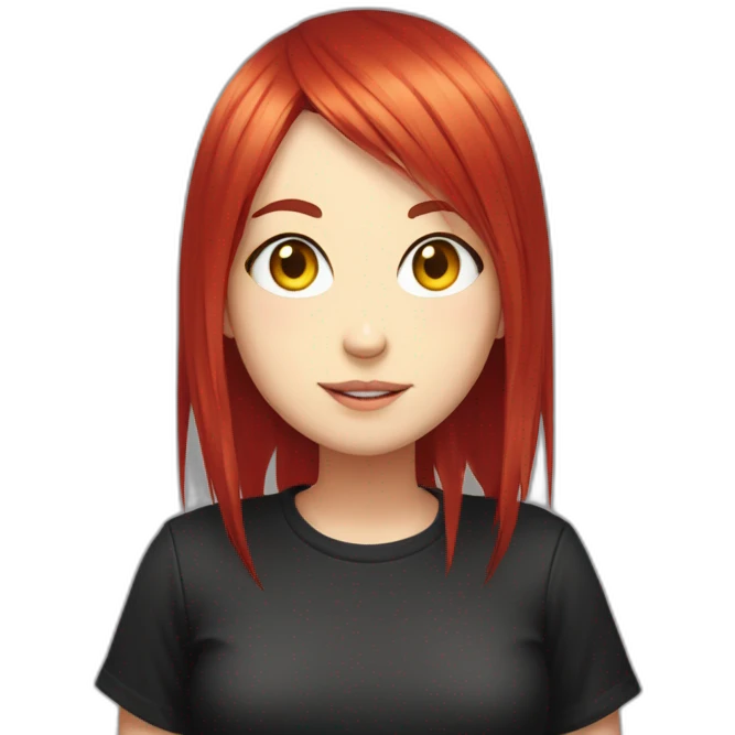 (gril) makima from the manga chainsawman with red hair fringe, yellow eyes with a circle inside and a black shirt emoji
