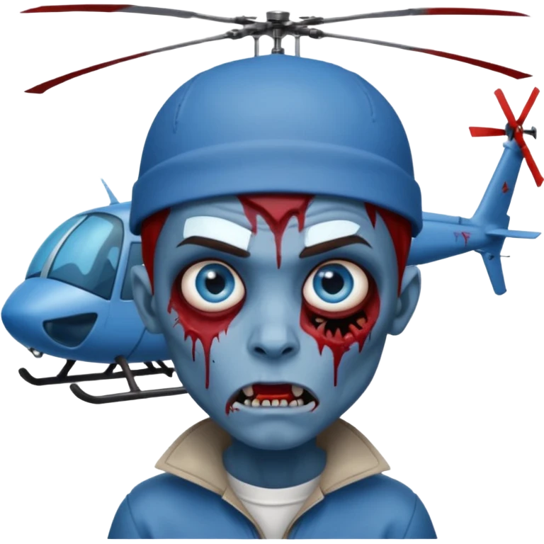 Zombie boy, with a blue face, blue eyes, brown hair and eyebrows, a sticking out fang, a bloody scratch on his face and a helicopter cap emoji