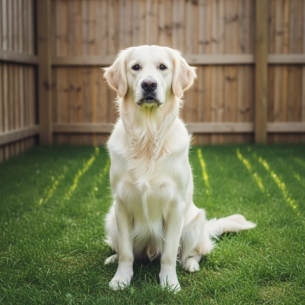 adult english cream golden retriever sitting on grass, facing camera, fence in the background emoji