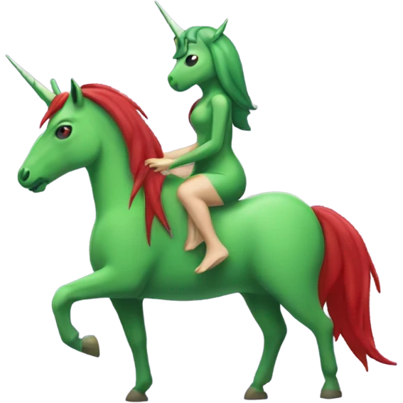 four-legged green unicorn white. a red amazon alien woman, on a unicorn emoji