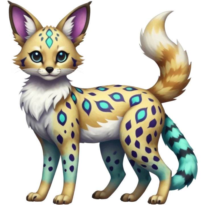 Rare iridescent white exotic epic aesthetic colorful Trico-Eevee-Serval-Genet-Civet-species-Fakemon-hybrid-creature, with intricate tattoo markings, full body emoji