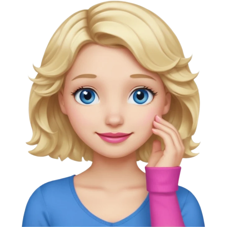 Girl Blonde short wavy hair,  blue eyes, cute blue top, long lashes, pink lips, smiling, 🤦🏻‍♀️ emoji