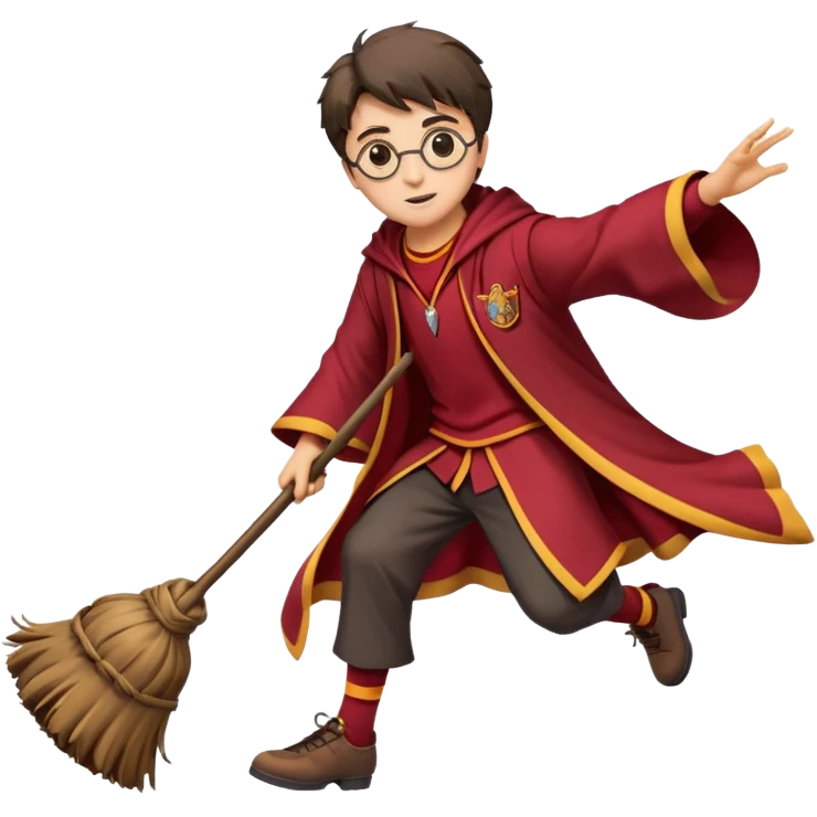 Cartoon-style illustration of Harry Potter flying on a broomstick, Gryffindor red and gold outfit, expressive face, dynamic motion, magical vibe, smooth shading, vibrant colors, no background, transparent background, isolated character. emoji