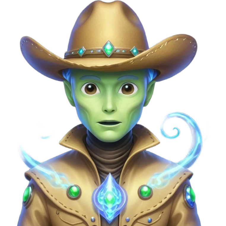 Portrait of an energy-based alien cowboy, translucent glowing body made of swirling light, holographic cowboy hat, sparks of energy floating around, dark background, cinematic lighting, ultra detailed sci-fi portrait
 emoji