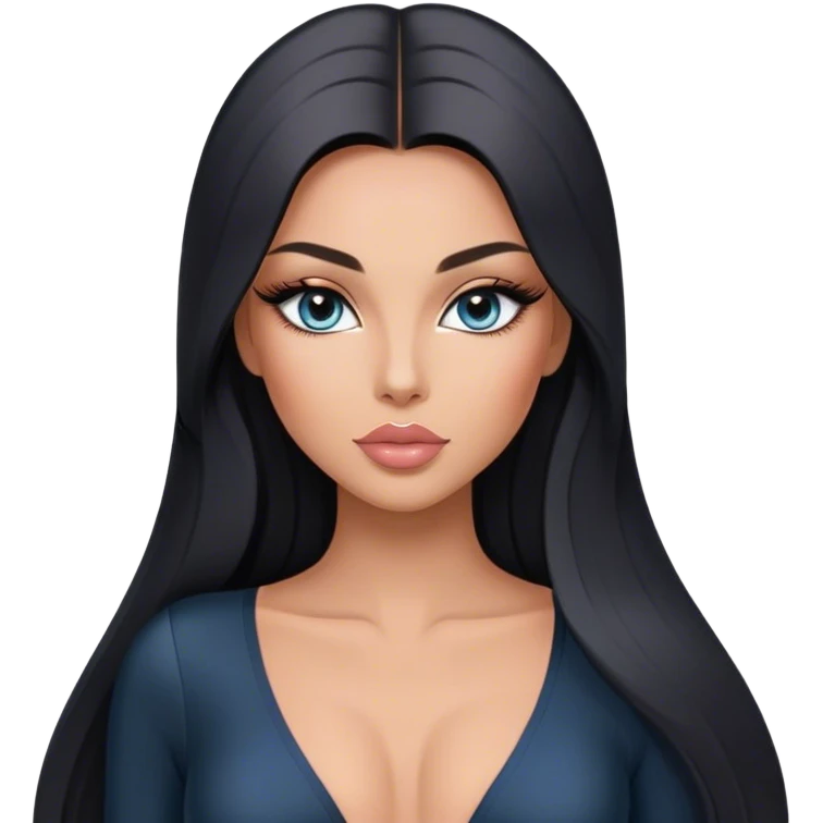 Glamours, tanned, very beautiful girl, with big pump peach-beige-rose lips, long long lashes, black straight smooth silky long hair, straight parting hair, blue-grey eyes in black long-sleeves v-neck bodysuit emoji