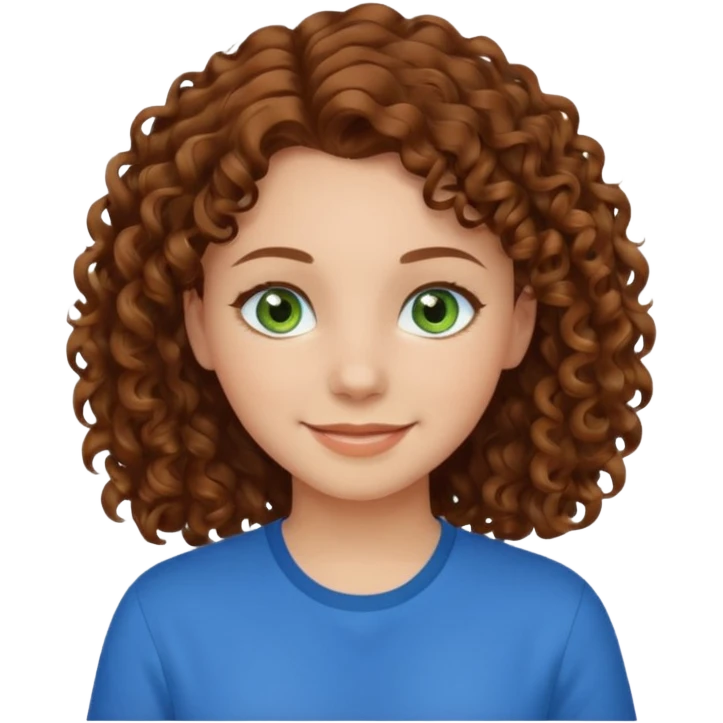 girl with brown hair, green eyes with a blue shirt no background ,young with curly hair smileing emoji