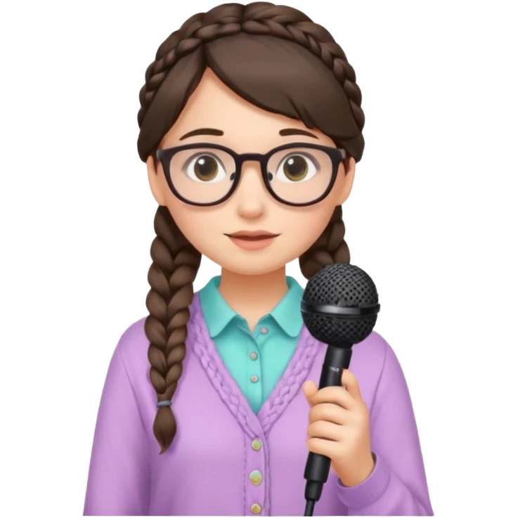 A shy braid brunette singer girl in pastel clothes with glasses, holding the mic with both hands. emoji
