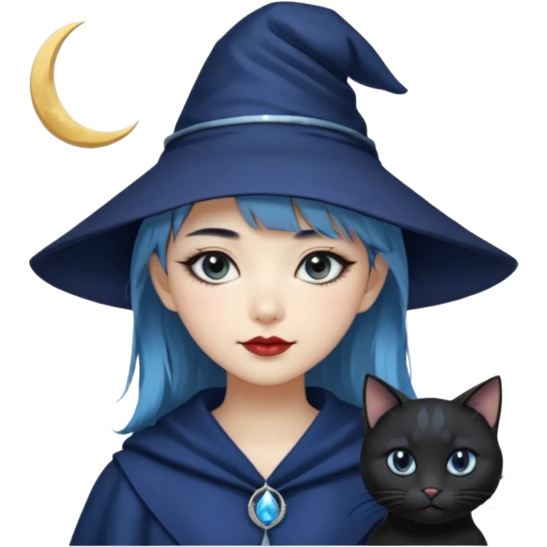 an asian short haired girl with light blue highlighted short raven hair with bangs, with her silver left eye and dark brown right eye, with black cat eyed style eyeliner, and smirk of natural toned lipstick, with dark navy wizard hat with moon emblem on his hat. emoji