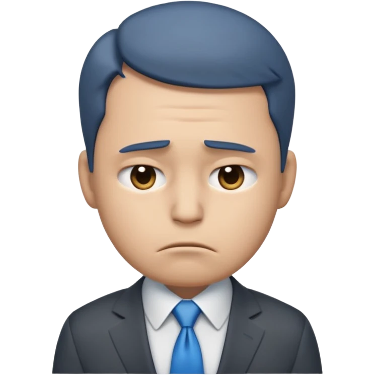 emoji character wearing a dark grey suit, white shirt, and blue tie. face has a very sad, disappointed expression with drooping eyebrows and half-closed eyes His posture is dejected, with slumped shoulders. he just rejected from his interview to get a job emoji