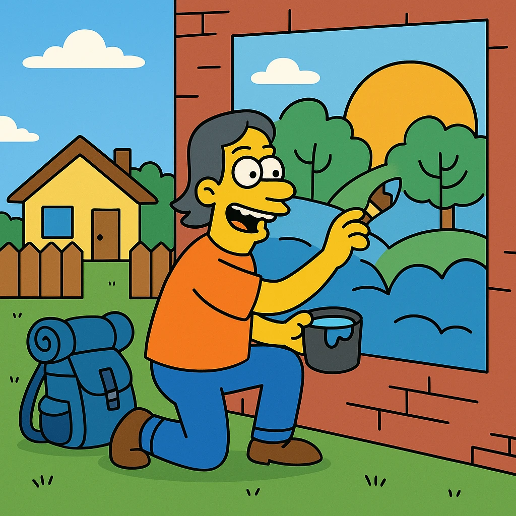 The itinerant artist traveled from town to town painting murals (big pictures painted on walls, often outside or in public places). 1 person - artist painting on a wall in town. A hiking backpack lying next to him emoji