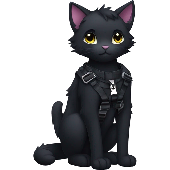 Anthro Cool Beautiful Black Cat-Fursona-Fakemon with Emo Hair-bangs with Chest Harness emoji