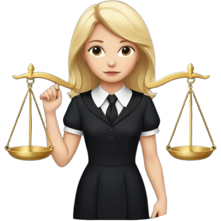 woman lawyer blanche et blonde avec des cheveux mi-long; elle est habillée avec une longue robe noire et un col cravate blanc; la balance de la justice apparaît dans l'ombre derrière elle emoji