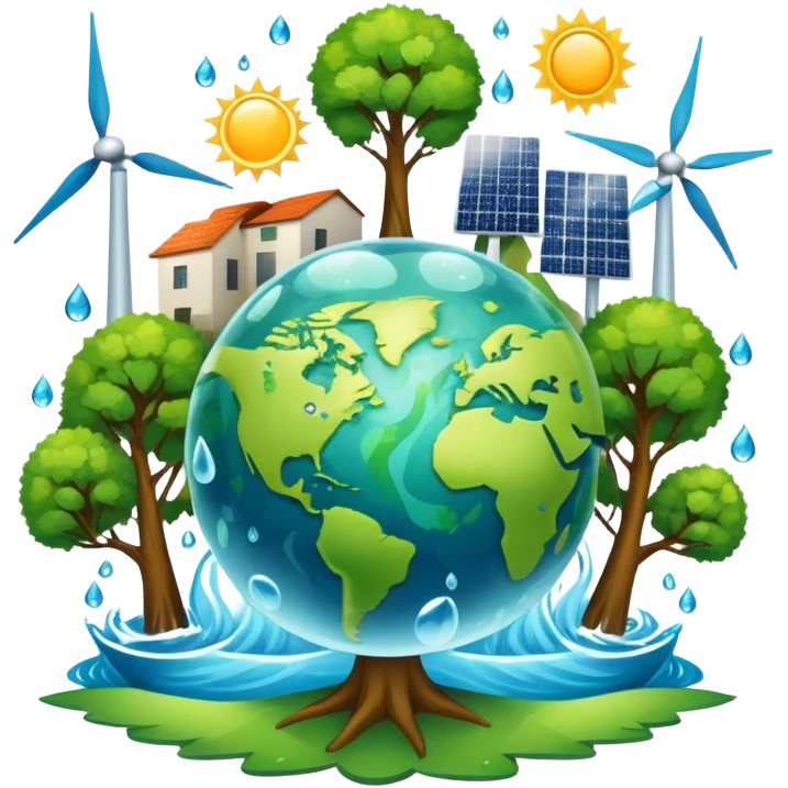 An icon featuring a green Earth, a tree, recycling symbols, and renewable energy sources like wind turbines, solar panels, and hydropower. The design includes animals, water droplets, and the sun, representing ecology, sustainable energy, and environmental protection. Transparent background. emoji